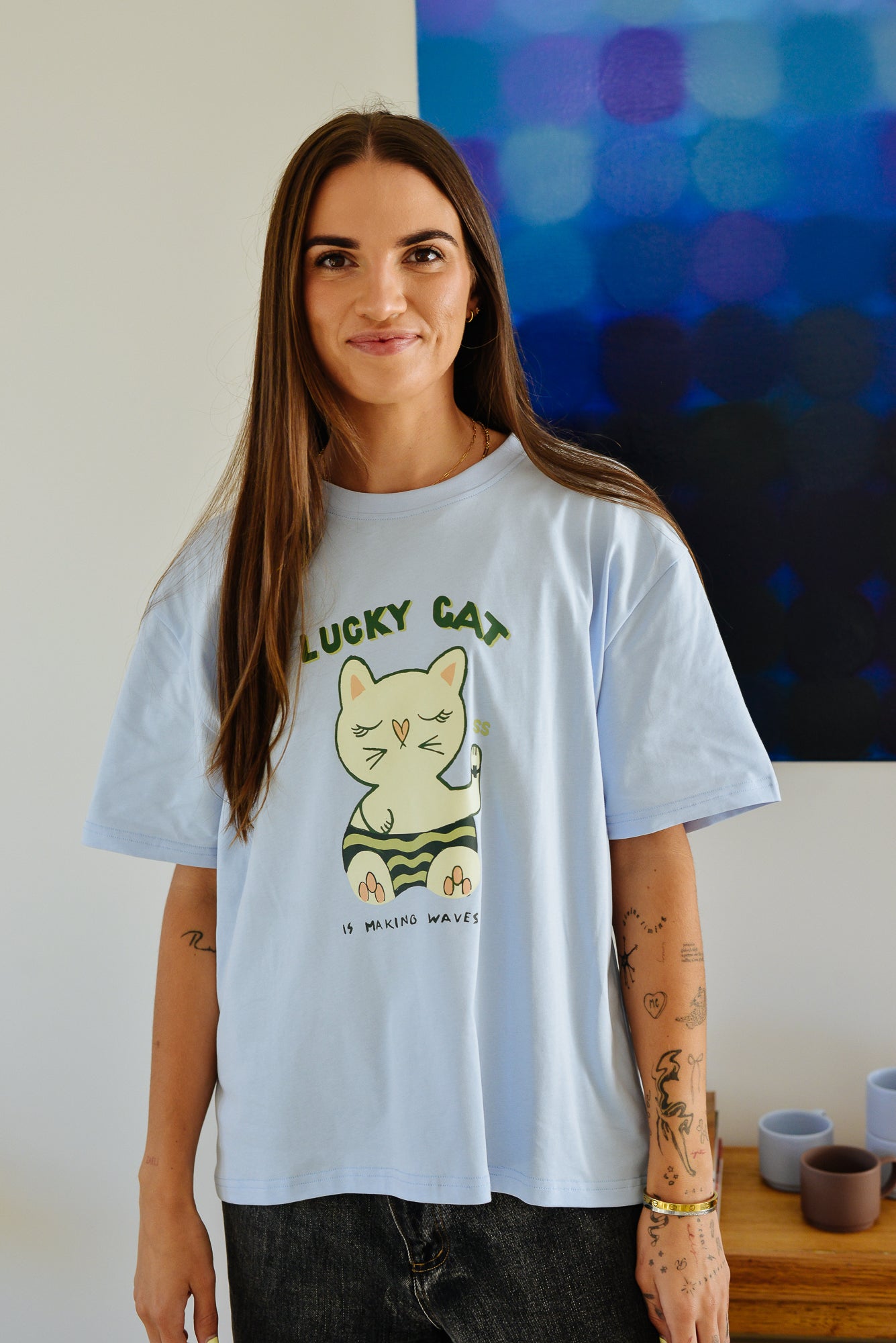 Lucky Cat Tee - Blue (Adult)